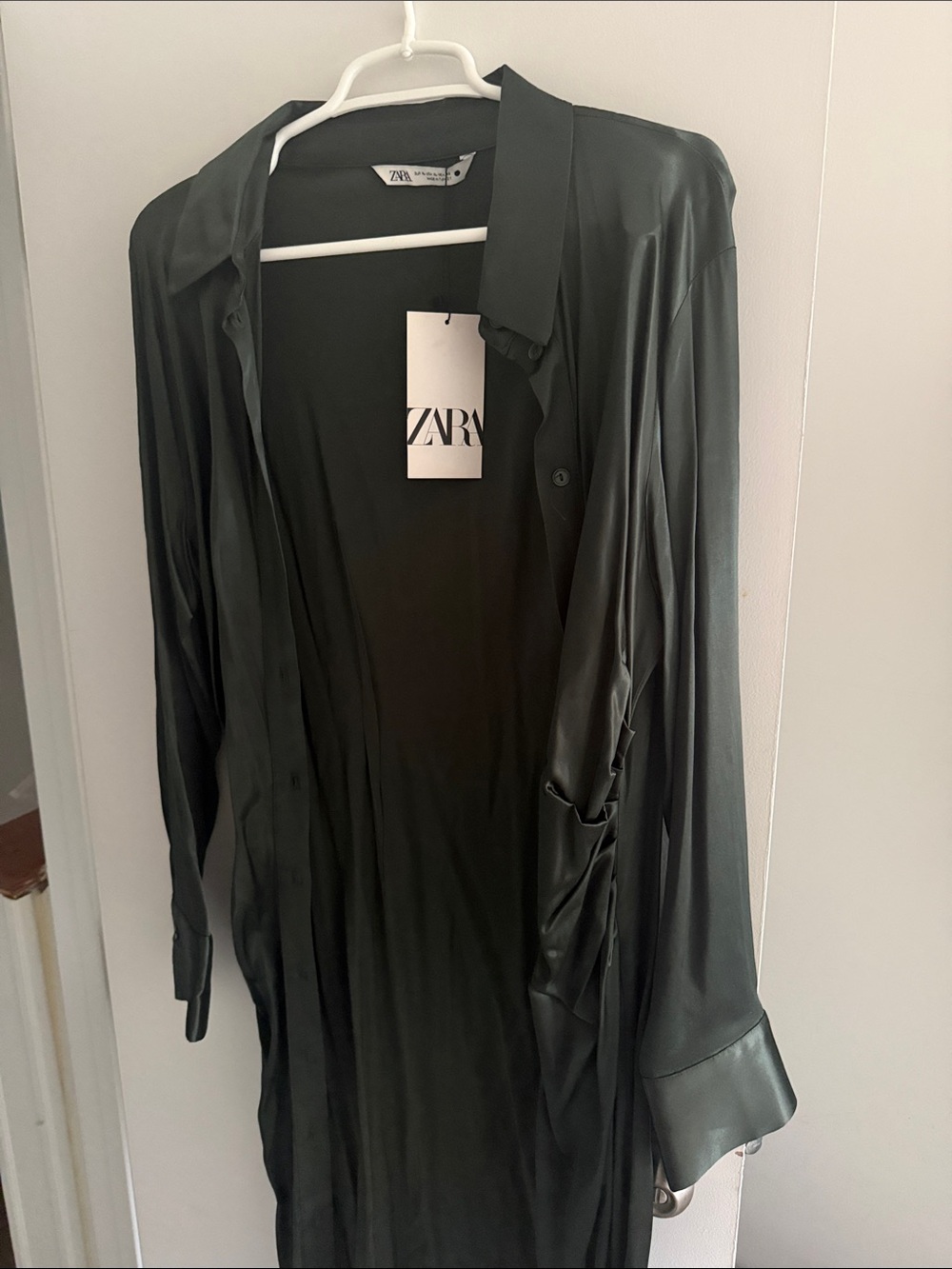 Zara Women's Long Sleeved Button Up Satin Dress - Olive Green